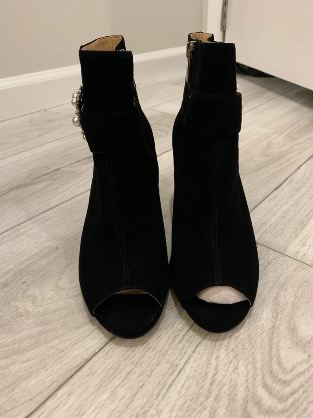 Neiman Marcus Black Pearl-Buckle Peep-Toe Ankle Boots
